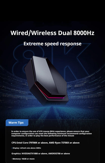 Mouse gaming wireless ATK Z1 Pro Max Ultra con piedini personalizzati, PAW3950, Ultra Smart Speed Wireless, polling rate 8k, latenza ridotta 0.39ms
