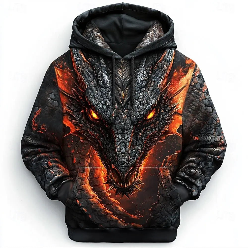 Sweatshirts com capuz 3D Dragon para homem, estilo moderno e arrojado, uso diário, manga comprida, gola redonda, festa, férias, streetwear, outono/inverno, casaco de fato de treino
