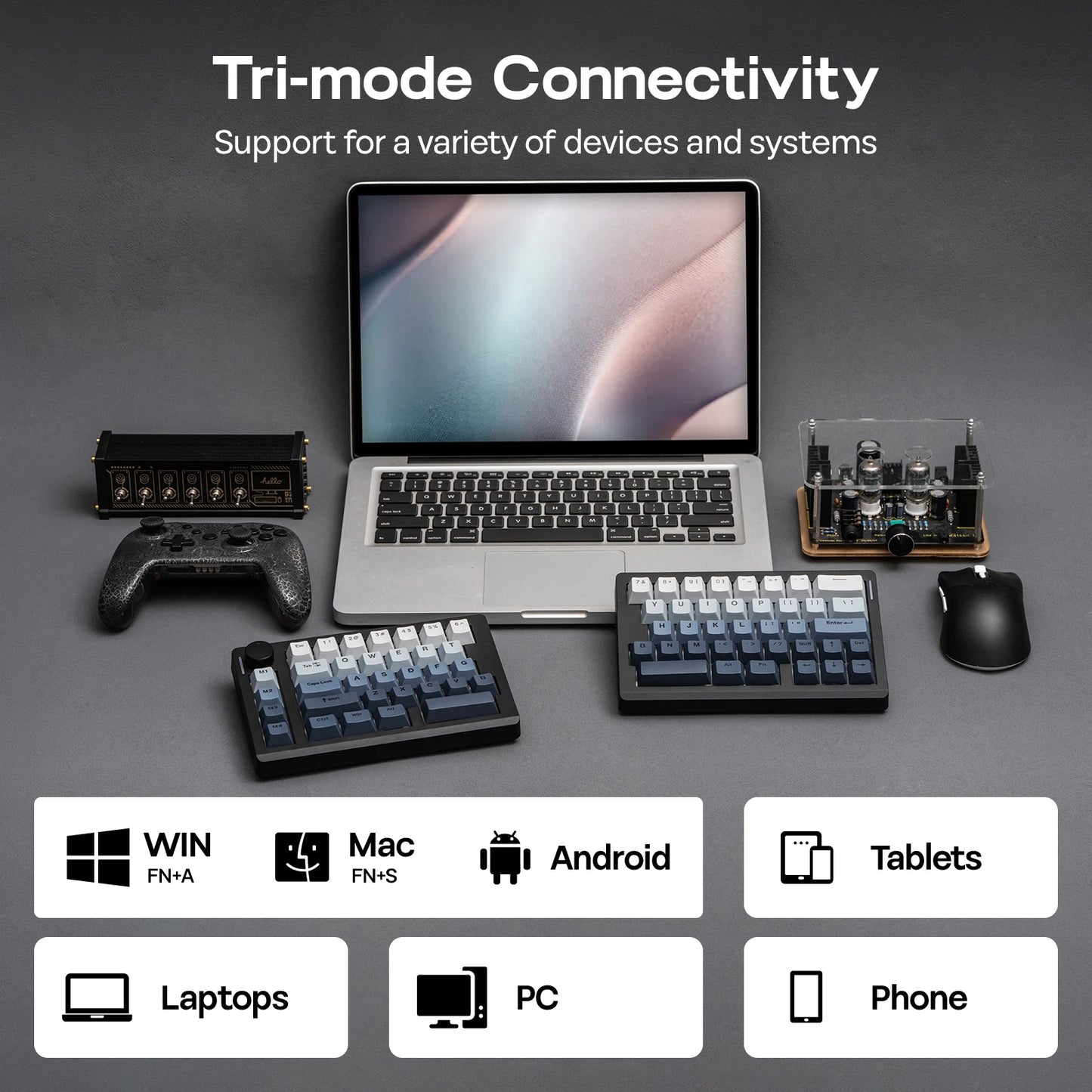 Teclado mecánico inalámbrico EPOMAKER Split70 QMK/VIA 70% con diseño dividido, conexión cableada/BT/2.4Ghz y perilla programable, modificador Mac
