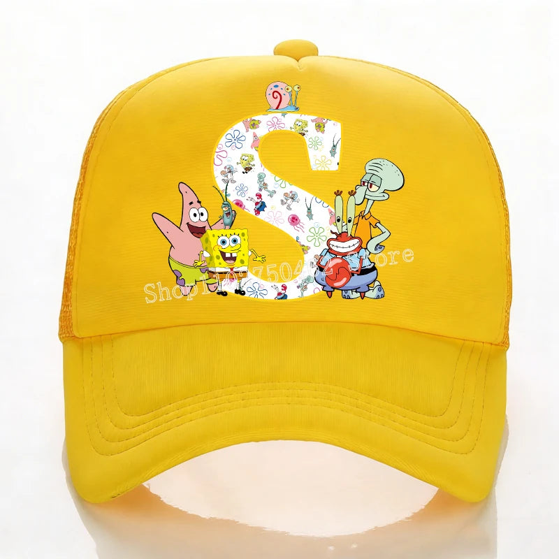SpongeBobs Baseball Cap Kids Adult Summer Outdoor Sports Sun Hat Child Cute Letter A-Z Sunbonnet Breathable Mesh Headgear Gift