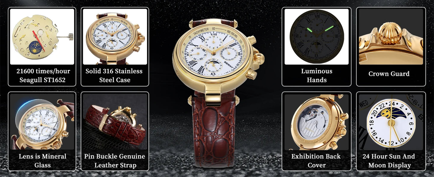BERNY Classic Dress Automatic Watch for Men Luxury Stainless Steel Mechanical Wristwatch Leather Strap Waterproof Sliver Watches