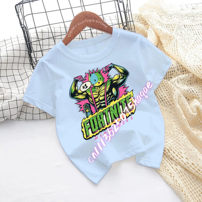 T-shirts de Criança Fortnite com Estampado de Figuras Cartoon do Jogo Fortress Night, Tops de Manga Curta para Verão, Roupa para Rapazes e Raparigas