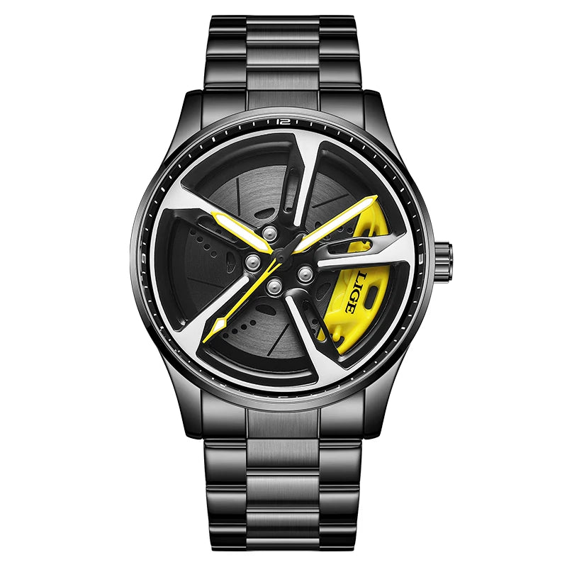 LIGE New Sport 3d Car Wheel Rim Hub Watch Fashionable Rotating Dial Stainless Steel Strap Waterproof Quartz Watches reloj hombre