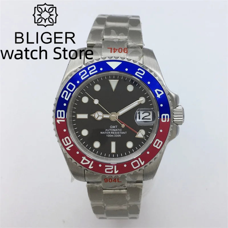 BLIGER 40mm NH34 GMT Watch For Men Mechanical Wristwatch Luminous Bezel Sapphire Glass Stainless Steel Bracelet Men's Watch