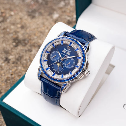 OBLVLO Men Automatic Watch 40mm Mechanical Wristwatch 5ATM Luminous Crystal Bezel Year,Month,Week,Date,24 Hours TY1655 Mov.