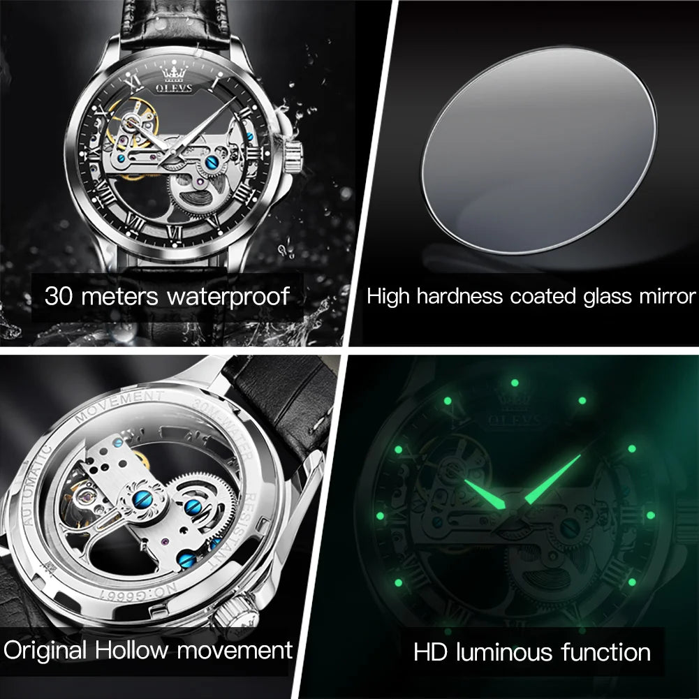 OLEVS 6661 Men's Top Brand Luxury All-Transparent Hollow Mechanical Watch, Original Fashion, Waterproof Classic Design