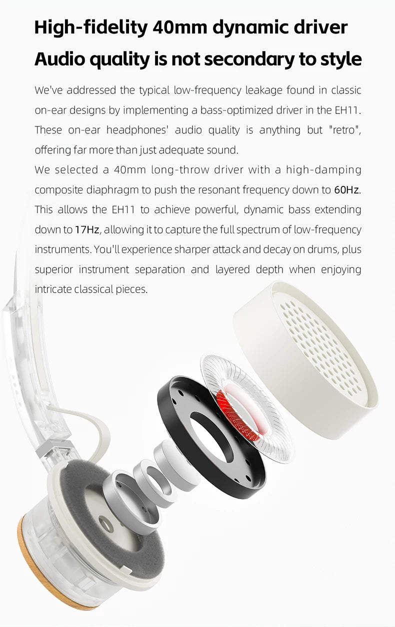 Auriculares Bluetooth On-Ear FIIO EH11 – Diadema inalámbrica Hi-Res LDAC con graves, batería de 30H, conexión a dos dispositivos y diseño retro ligero
