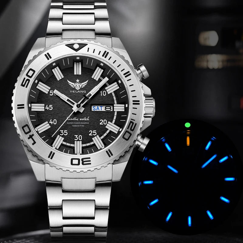 Yelang Watches V1035 44mm Men's Diving Watch Human Kinetic Energy Watch 100m Waterproof Watches Luminous Japan PX83 Sapphire