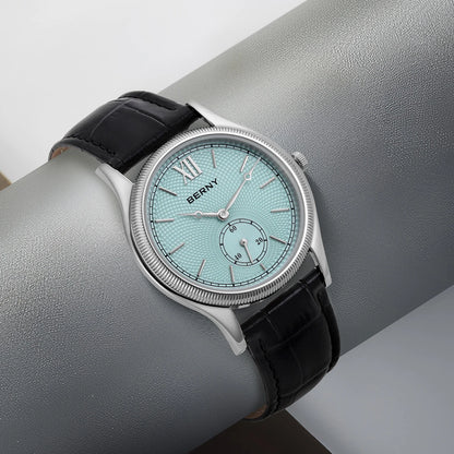 BERNY Watches for Men Luxury Slim Classic Stylish Dress Quartz Watch Stainless Steel Case Elegance Leather Band Wristwatch