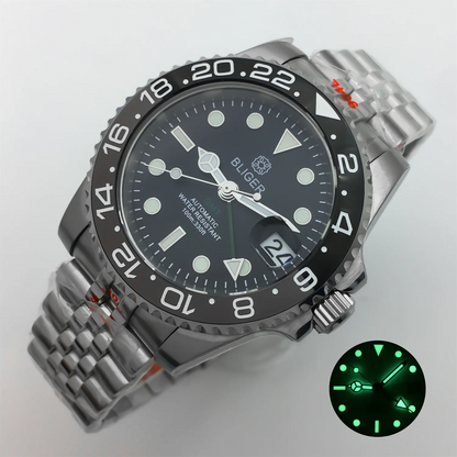 BLIGER 40mm NH34 GMT Watch For Men Mechanical Wristwatch Luminous Bezel Sapphire Glass Stainless Steel Bracelet Men's Watch