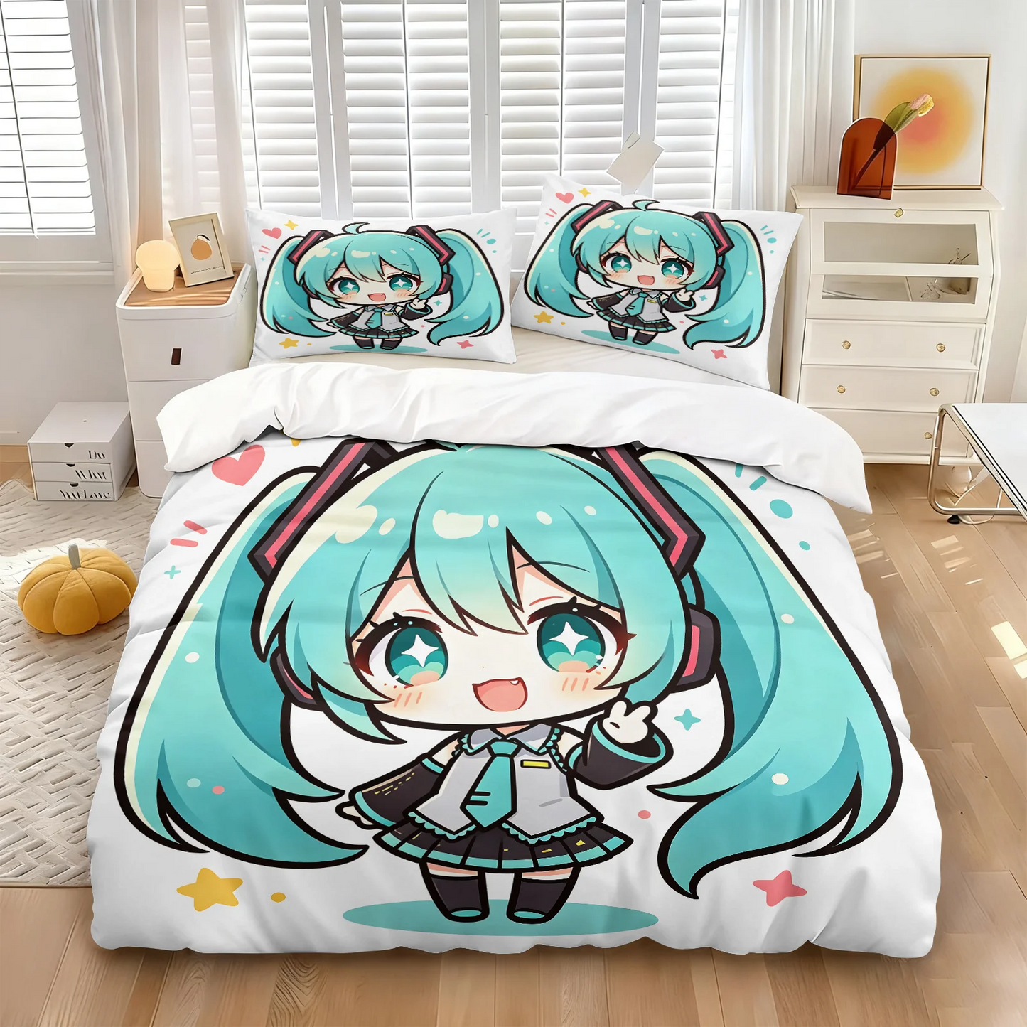 Hatsune Miku Chibi Style Duvet Cover Set Cute Anime Bedding with Pillowcases Gaming Room Teens Kids Bedroom Decor Gift for fans