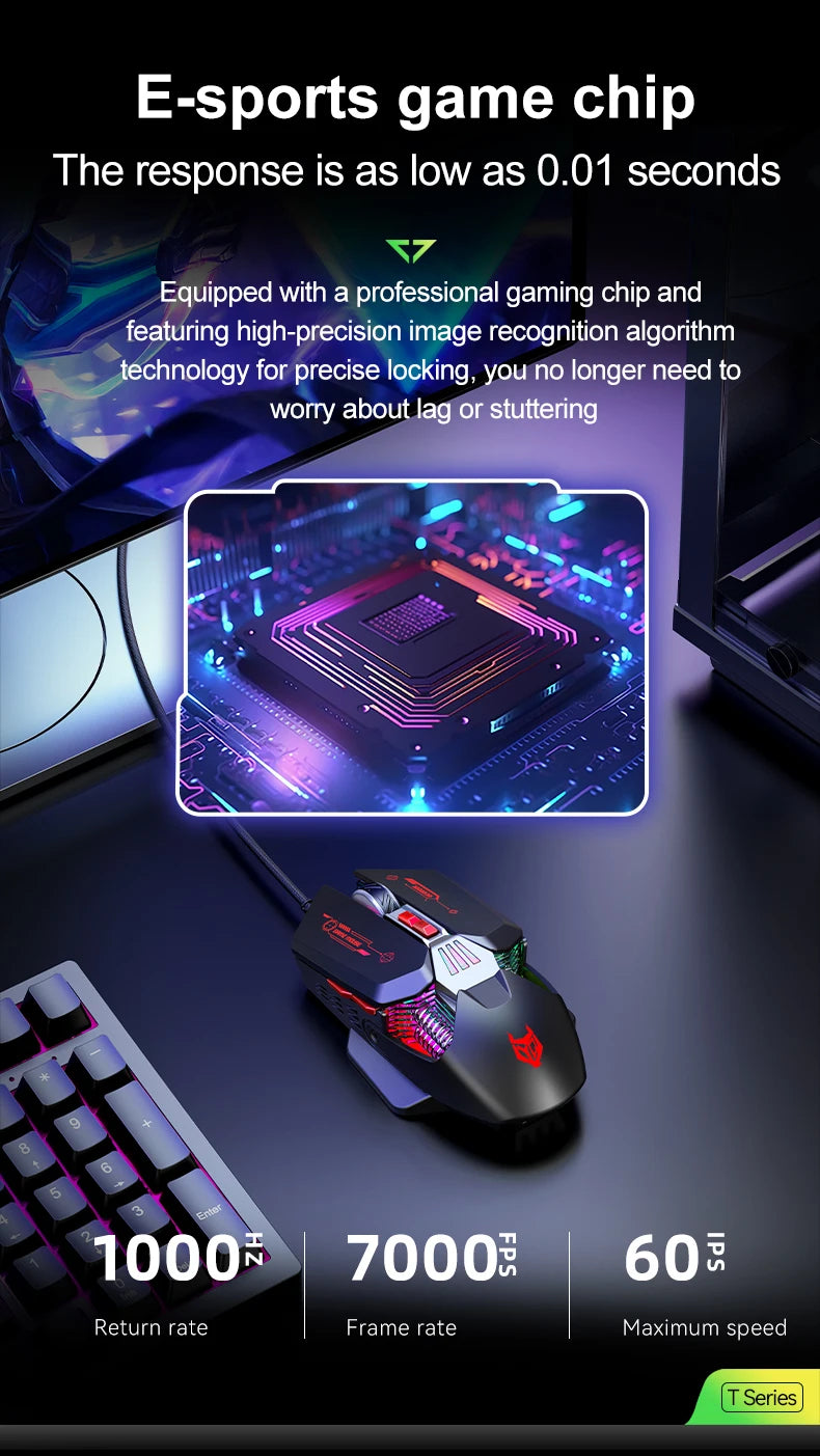 1K Hz Gaming Mouse Wired APAYADO T4 RGB Mouse with Ultra-light Cord 60IPS, 12800DPI for Laptop/Computer