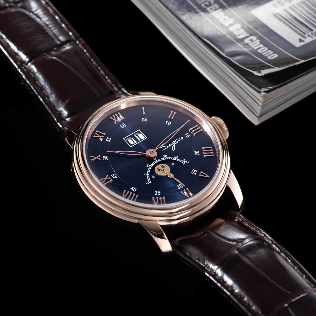 Sugess Moonphase Watch of Men 40mm Automatic Mechanical Wristwatches Seagul ST2528 Movement Stainless Steel Blue Sandstone Dial