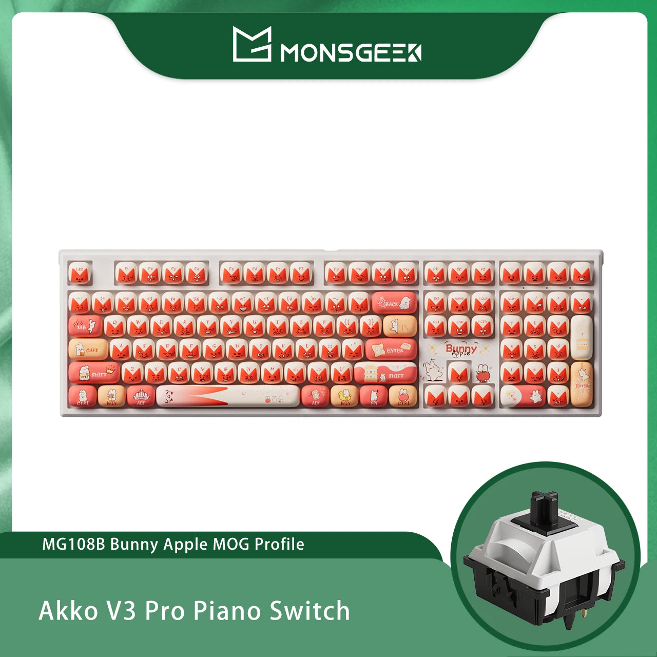 Teclado mecánico inalámbrico Akko MonsGeek MG108B Bun Wonderland, perfil MOG, RGB, 108 teclas, tamaño completo, hot swap, USB / 2.4G / BT 5.0