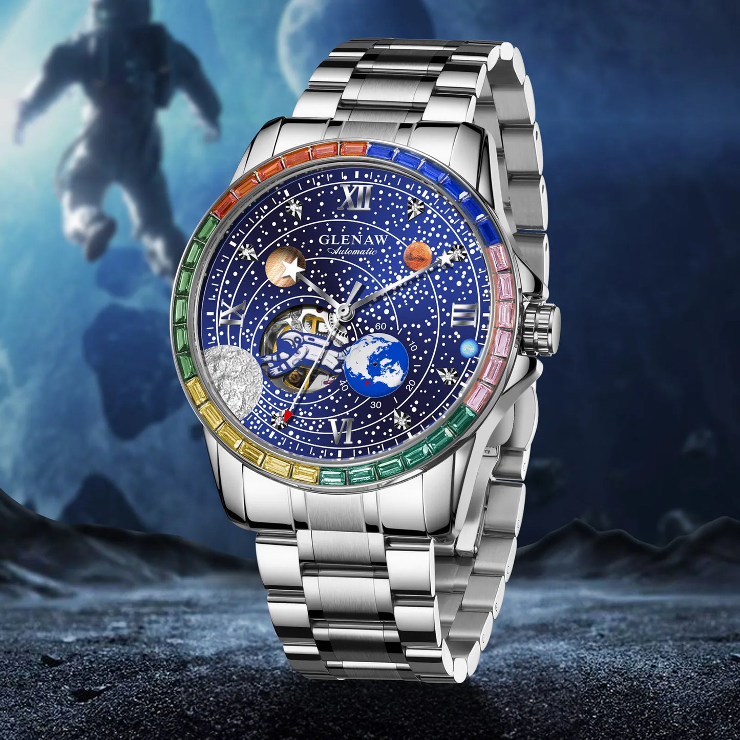 GLENAW New Rotating Earth Mechanical Watch Men Space astronaut dial Night Light Waterproof Stainless Steel Strap Automatic Watch