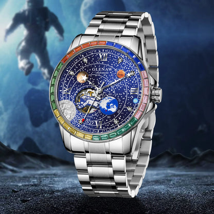 GLENAW New Rotating Earth Mechanical Watch Men Space astronaut dial Night Light Waterproof Stainless Steel Strap Automatic Watch