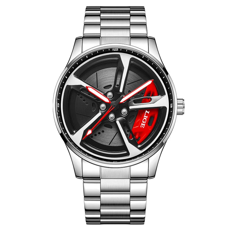 LIGE New Sport 3d Car Wheel Rim Hub Watch Fashionable Rotating Dial Stainless Steel Strap Waterproof Quartz Watches reloj hombre