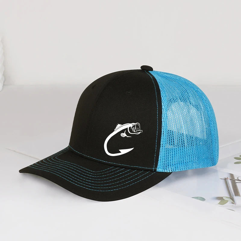 Trucker-kasket med bass-fiskekrog-print, justerbar, unisex, mesh, til fiskeentusiaster, solhat