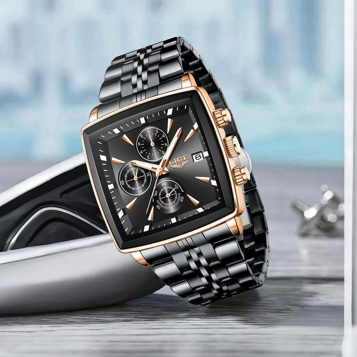 LIGE Luxusuhren für Herren, quadratisches Modell, klassischer und trendiger Stil, aus Edelstahl, wasserdicht, sportlich und lässig, mit Quarzwerk.