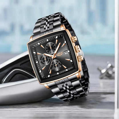 LIGE Luxusuhren für Herren, quadratisches Modell, klassischer und trendiger Stil, aus Edelstahl, wasserdicht, sportlich und lässig, mit Quarzwerk.