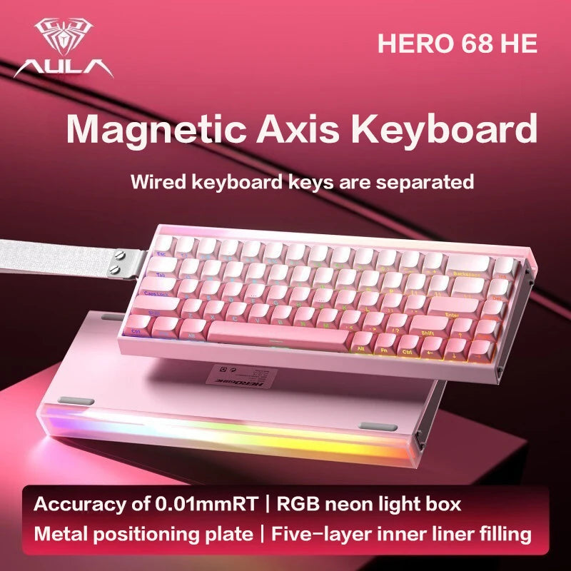 Teclado mecánico gaming AULA HERO 68 HE con eje magnético RT, cable, iluminación RGB, tasa de sondeo 8K y grabado lateral