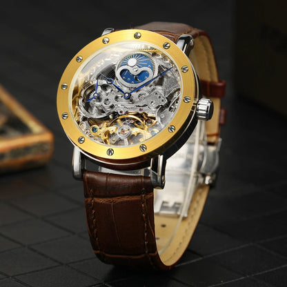 Pánské mechanické náramkové hodinky SKROX s automatickým nátahem, skeletový model s funkcí GMT, fázemi měsíce a tourbillonem – luxusní hodinky nejvyšší třídy, elegantní a originální.