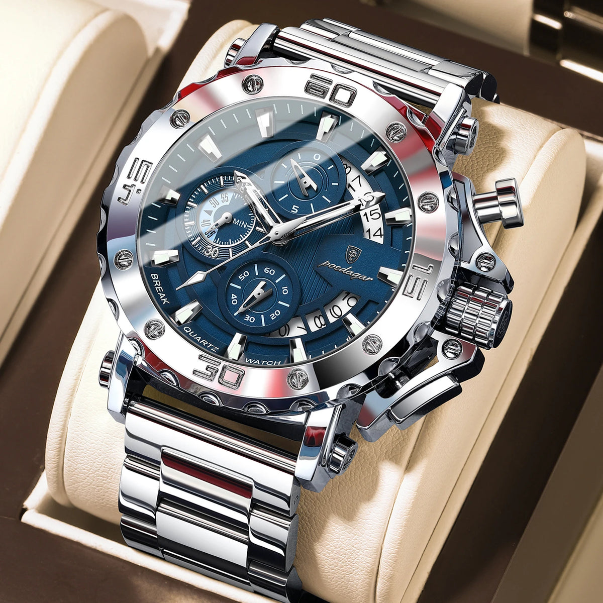 Reloj de lujo para hombre POEDAGAR, luminiscente, hermético, cronógrafo, con fecha, acero inoxidable, cuarzo, Reloj