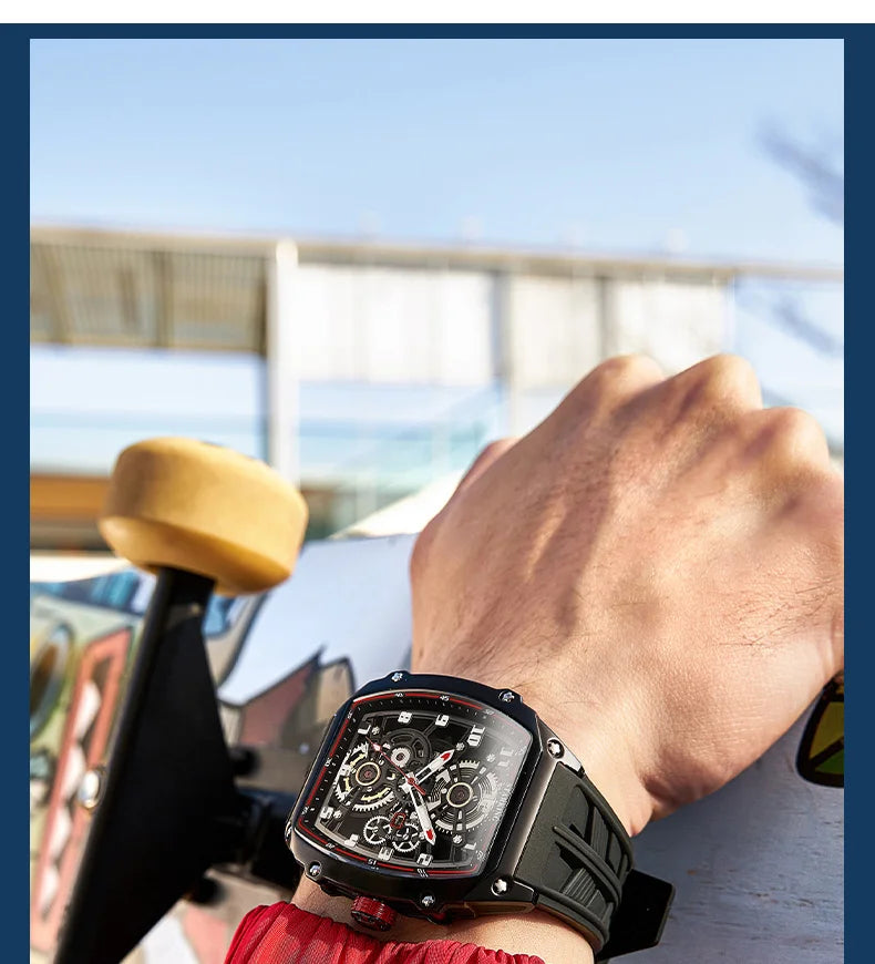STARKING Luxury Men’s Automatic Mechanical Watch Skeleton Dial Silicone Band Tonneau Design Waterproof Luminous Sport Wristwatch