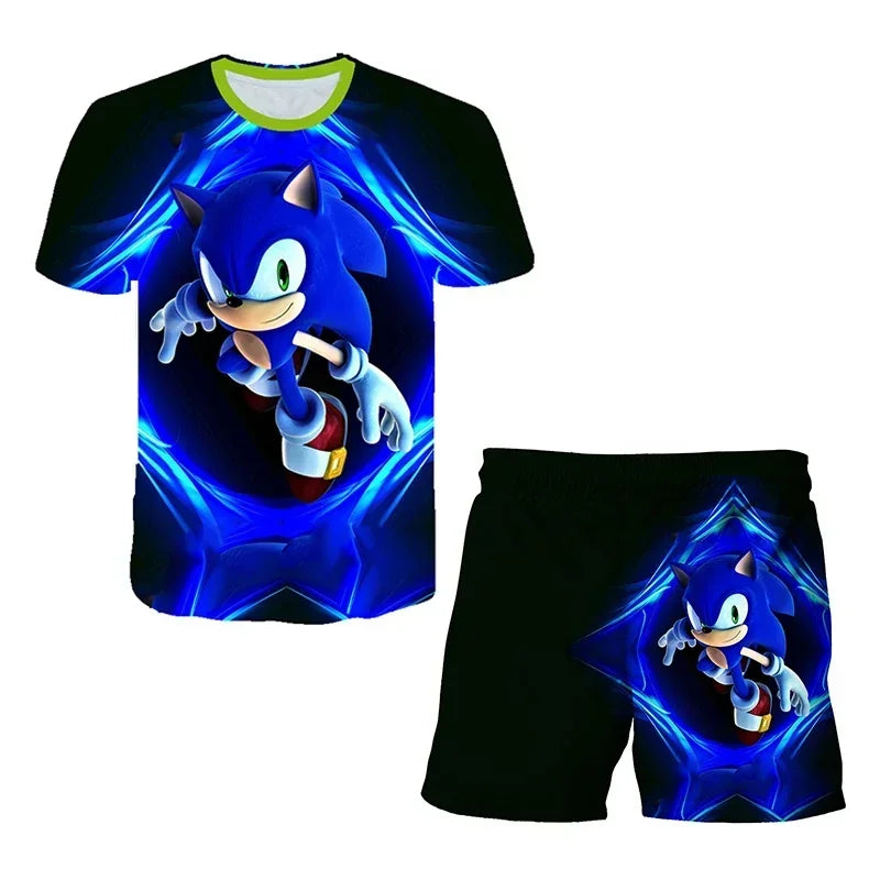 Fashion 3D Anime Children's T-shirt Set Sonic The Hedgehog Top Short Sleeve + Shorts Two-piece Set Girls Boys Cosplay Costume