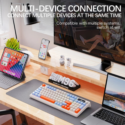 Teclado Sem Fios Bluetooth M96 FREEWOLF com Ecrã Digital, Retroiluminação RGB, Bateria de 2000mAh e Teclas PBT para PC/Portátil