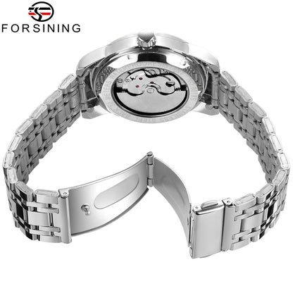 Relógio mecânico automático para homem Forsining – Estilo de luxo, empresarial e de moda, bracelete em metal, turbilhão, ponteiros luminescentes, adornado com diamantes artificiais