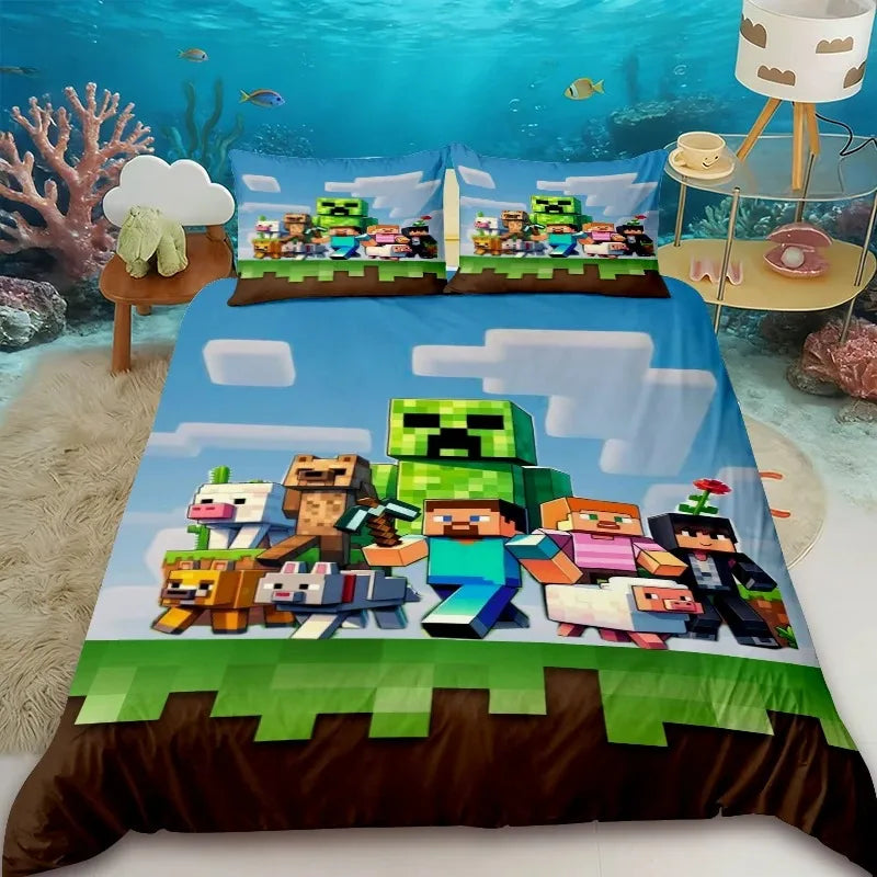 Capa de edredão infantil Cartoon Minecraft, conjunto de cama com capa de edredão, tamanho Queen, King e Full, com 1/2 fronha para quarto