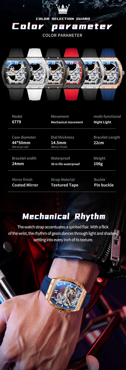 OLEVS 6779 Men's Watch Skeleton Mechanical Watch Fashion Business Sport Waterproof Luminous Silicone Strap Watches For Men