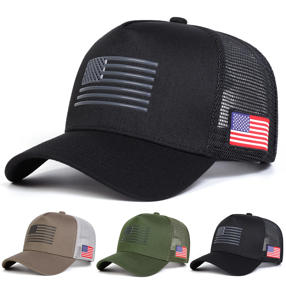 Casquettes de baseball unisexes brodées au drapeau américain, en filet, pour le printemps et l’été, ajustables, décontractées, anti-UV, casquettes de sport