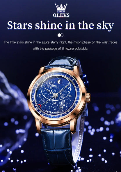 OLEVS 9923 Men's Watches Moon Phase Automatic Mechanical Watch for Man Blue Leather Luxury Dress Waterproof Luminous Wristwatch
