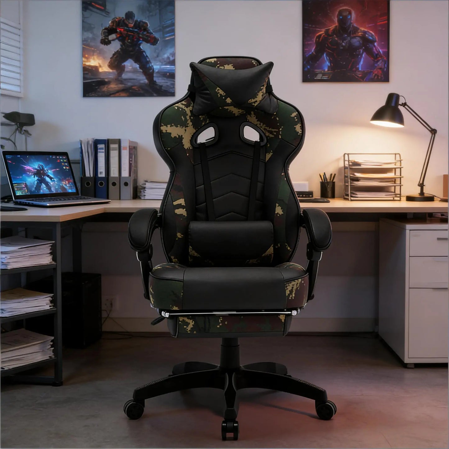 Stylish Ergonomic Gaming Office Chair with Footrest, Reclining Racing Chair, Breathable PU Leather Computer Desk Chair for Home & Office