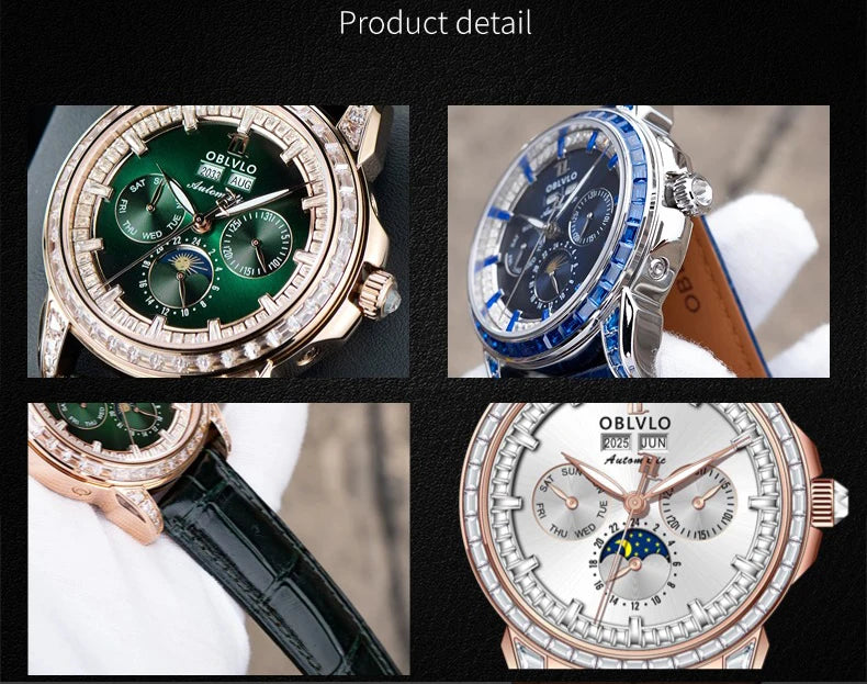 OBLVLO Men Automatic Watch 40mm Mechanical Wristwatch 5ATM Luminous Crystal Bezel Year,Month,Week,Date,24 Hours TY1655 Mov.
