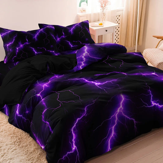 Conjunto de Capa de Edredão de 3 Peças com Estampado de Relâmpagos e Trovões, Suave e Respirável, para Quarto e Dormitório em Todas as Estações, Decorativo