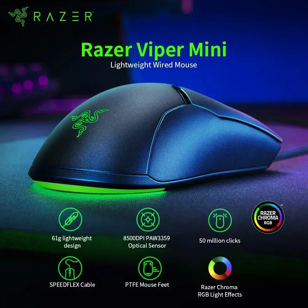 Razer REGALO DI CAPODANNO regalo Thunder Snake Viper Mini mouse gaming cablato per computer e laptop Esports con luce RGB, mouse per mani piccole