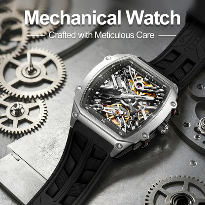 STARKING Men's Waterproof Sports Mechanical Watch, Wear-resistant Silicone Strap, Automatic, Luminous Tonneau Luxury Design