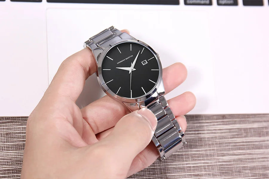 Reloj para hombre Hannah Martin, caja de acero inoxidable, mecanismo de cuarzo, esfera de 41 mm, estilo profesional, con indicador de calendario (imitación)