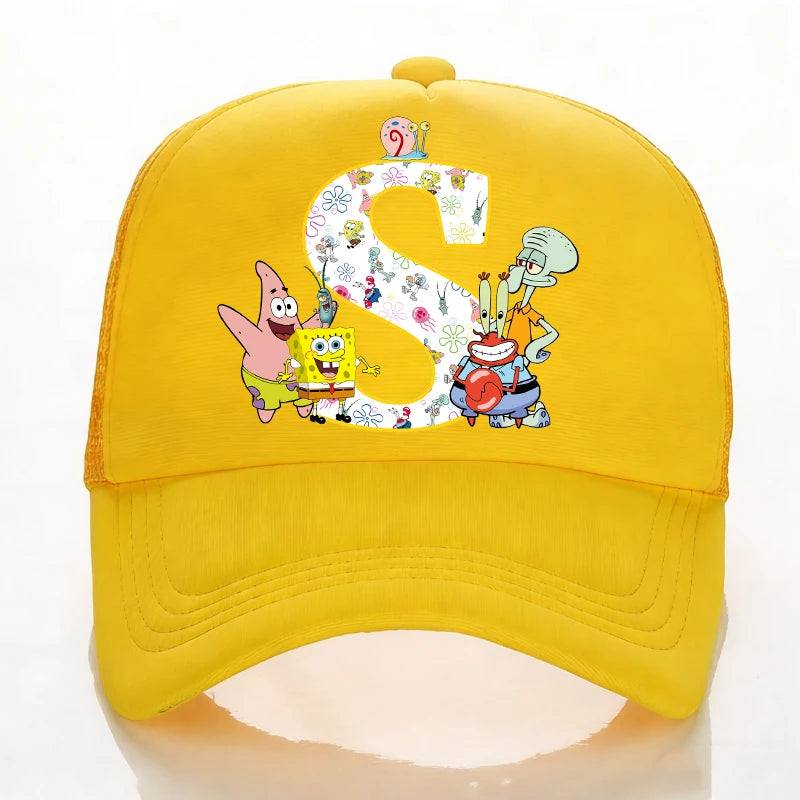 SpongeBobs Baseball Cap Kids Adult Summer Outdoor Sports Sun Hat Child Cute Letter A-Z Sunbonnet Breathable Mesh Headgear Gift