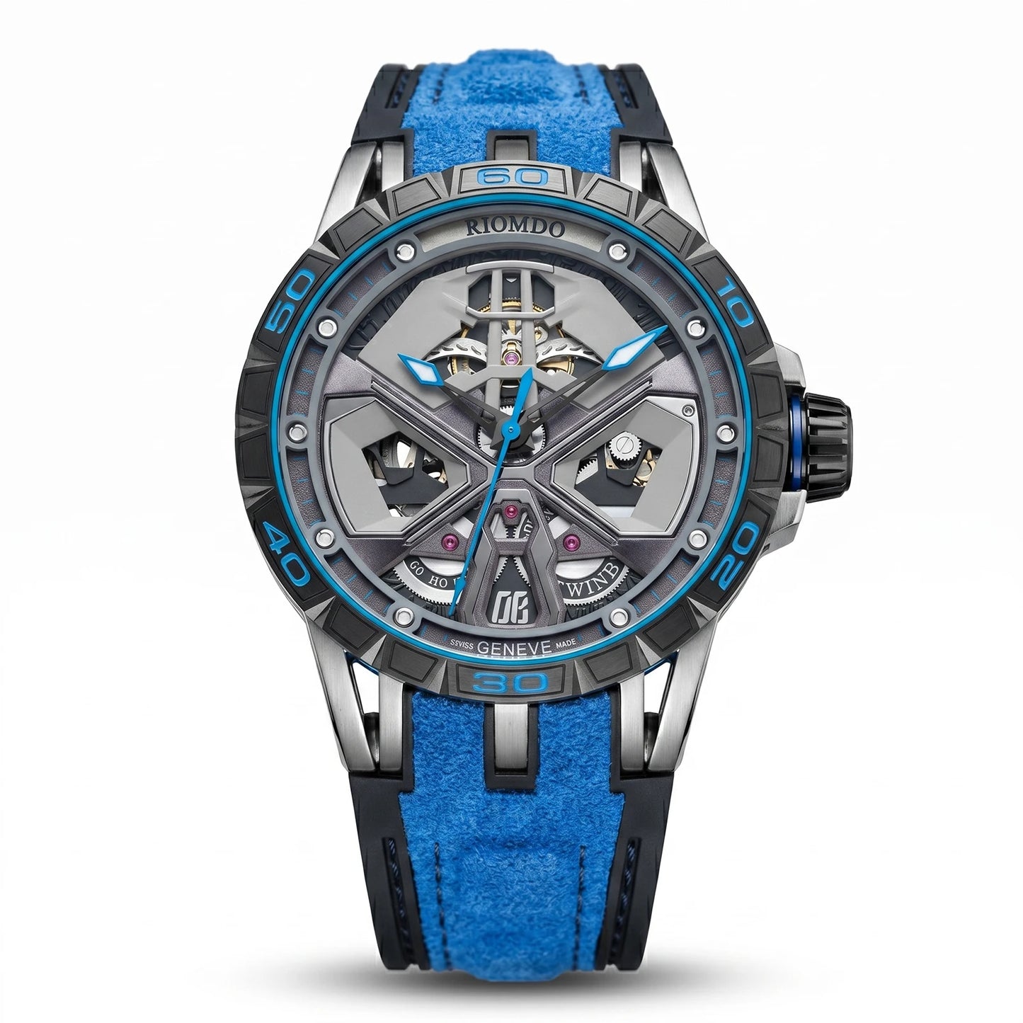 OBLVLO Mens Luxury Machinery Skeleton Mechanical Automatic Watches Analog Big Dial Blue Rubber Band Military Watch RD-909