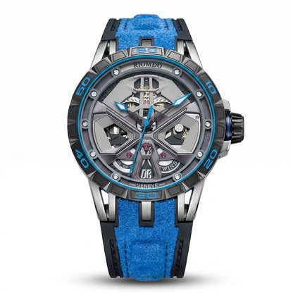 OBLVLO Mens Luxury Machinery Skeleton Mechanical Automatic Watches Analog Big Dial Blue Rubber Band Military Watch RD-909