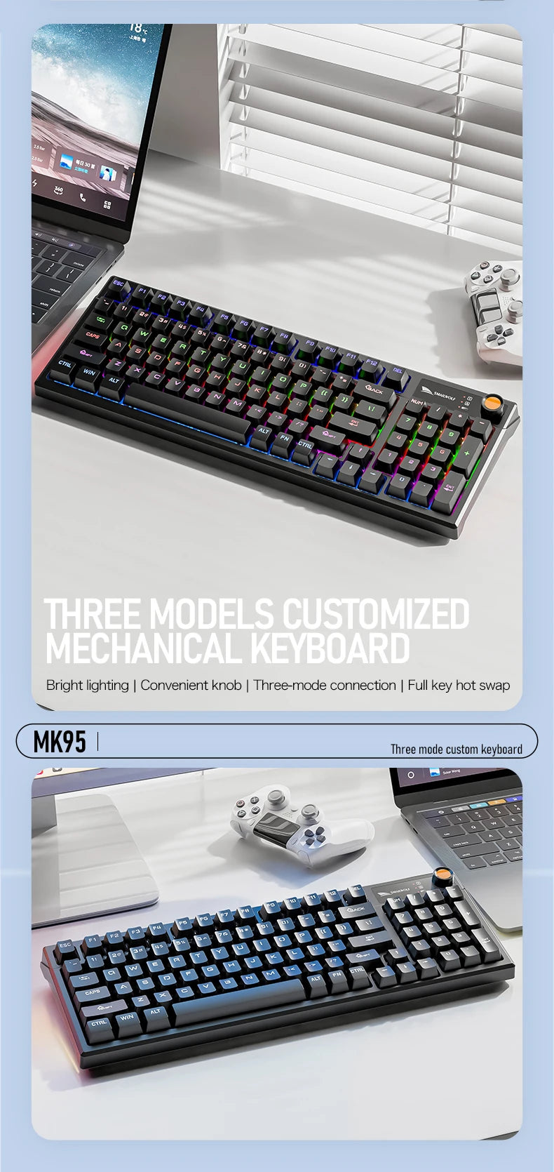 SMAILWOLF MK95 Bluetooth Wireless Three-Mode Mechanical Keyboard Arabic Russian Korean Thai Spanish Keyboard E-Sports Game