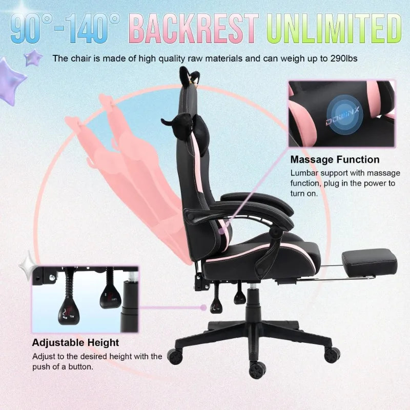 Sedia da gaming carina con orecchie da gatto, poggiapiedi, rosa kawaii, sedia per computer ergonomica con schienale alto, seduta gamer e supporto lombare a zampa di gatto