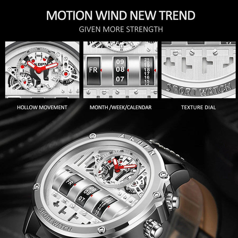 Luxury Electronic Quartz Watch For Men Business Watches Male Creative Men WristWatch Unique Rotate Date Leather Strap Watches
