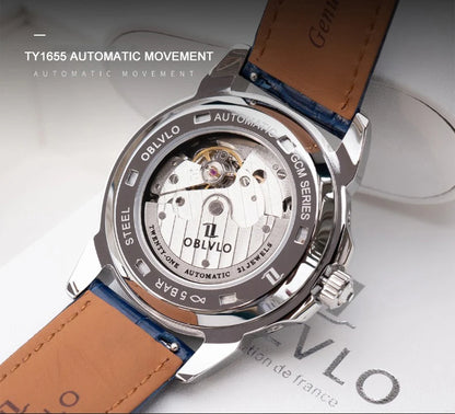 OBLVLO Men Automatic Watch 40mm Mechanical Wristwatch 5ATM Luminous Crystal Bezel Year,Month,Week,Date,24 Hours TY1655 Mov.