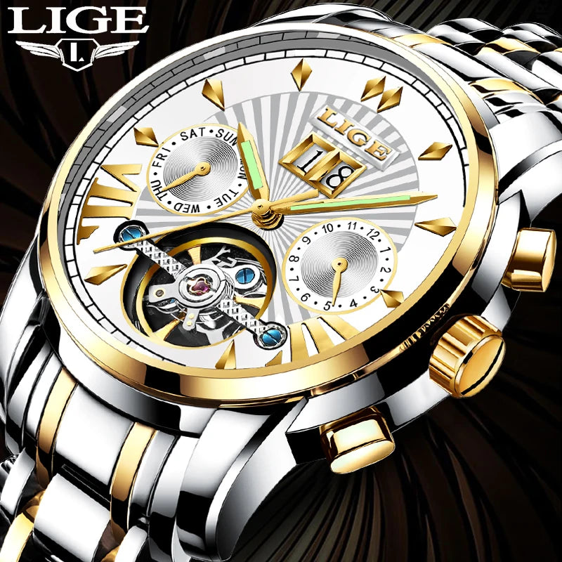 LIGE mekaniske automatiske armbåndsure til mænd – Luksuriøst ur i topklasse med tourbillon, elegant og vandtæt model, ideelt til arbejde eller formelle lejligheder.