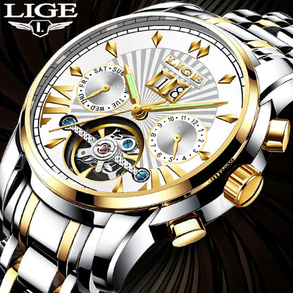 LIGE mekaniske automatiske armbåndsure til mænd – Luksuriøst ur i topklasse med tourbillon, elegant og vandtæt model, ideelt til arbejde eller formelle lejligheder.
